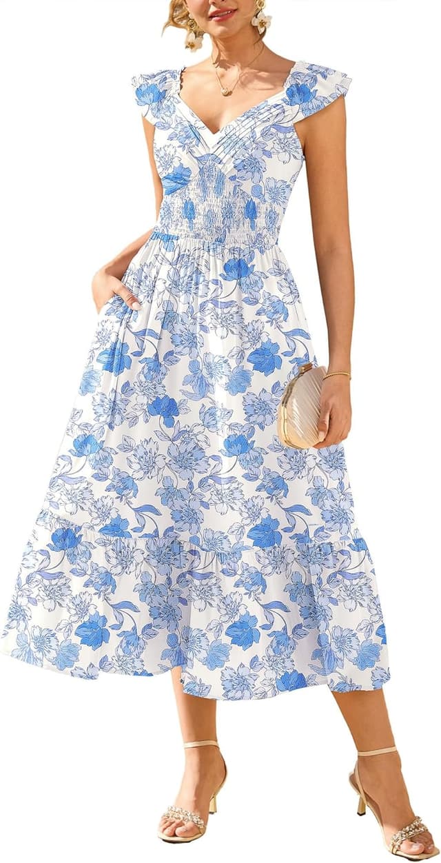 Thumbnail 6 de GRACE KARIN Damen Blumenkleid mit V-Ausschnitt, Rüschenärmel und Tasche – Sommer-Maxikleid