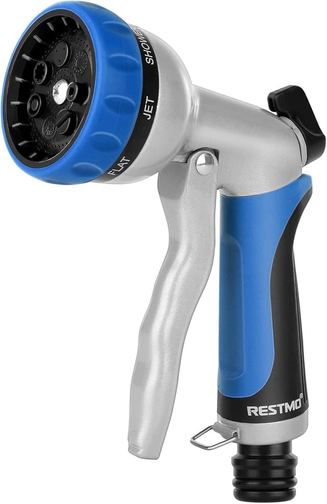 Detalle de RESTMO Gartenbrause aus Metall mit 7 Sprühmuster und einstellbarem Wasserdurchfluss (Hochdruck-Handbrause, blau)