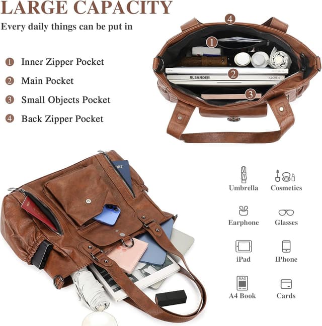 Detalle de BAIGIO Grand sac à main femme en cuir PU vintage avec bandoulière et multi-poches