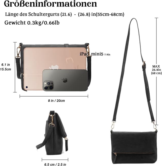 Detalle 2 de Gladdon Umhängetasche Damen klein: Crossbody-/Clutch-Tasche aus veganem PU-Leder (Schwarz)