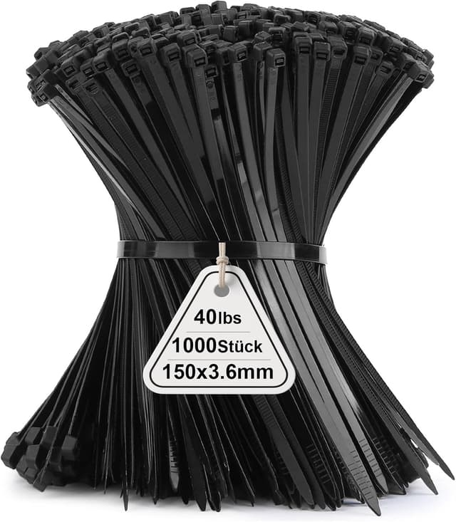 Detalle de 1000 Stück Kabelbinder Schwarz 150 x 3,6 mm (18 kg Zugfestigkeit) – UV-beständig, Nylon PA66, selbstsichernd