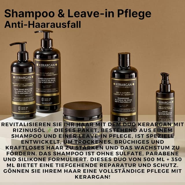 Detalle de KERARGAN Duo Anti-Haarausfall Shampoo & Leave-in Pflege mit Rizinusöl – 500 ml + 350 ml