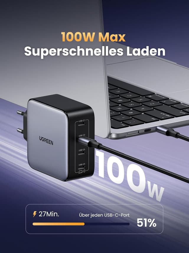 Detalle de UGREEN Nexode 100W USB-C Ladegerät mit 4 Ports, GaN