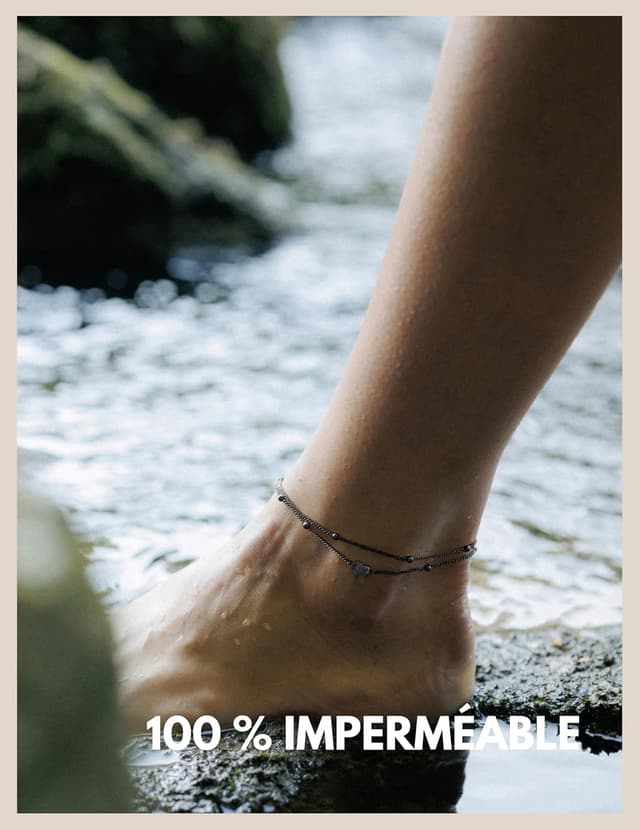 Detalle de Bracelet de cheville cœur pour femme (résistant à l’eau) en acier inoxydable, plusieurs rangs, réglable 22 à 27 cm