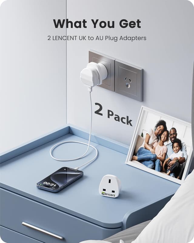 Detalle de LENCENT UK to Australia Plug Adapter 2 Pack (Type I) – earthed travel adaptor for AUS, China, Fiji, New Zealand and more
