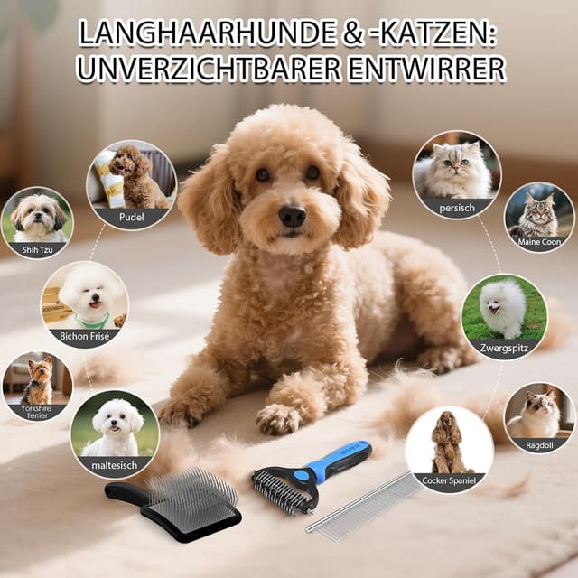 Detalle de YOYUPETA Zupfbürste für Hunde mit Langhaar – 3-teiliges Profi-Set aus Buchenholz mit Unterwoll-Rechen & Edelstahlkamm