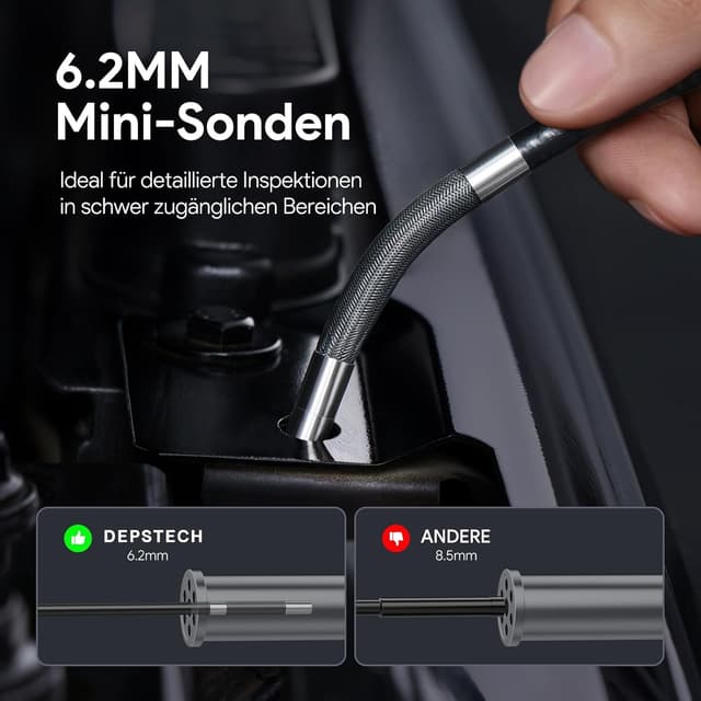 Detalle de DEPSTECH 6,2mm drehbare Endoskopkamera mit Licht und 4,5" IPS-Display (DS660) – 1080P Inspektionskamera für enge Stellen