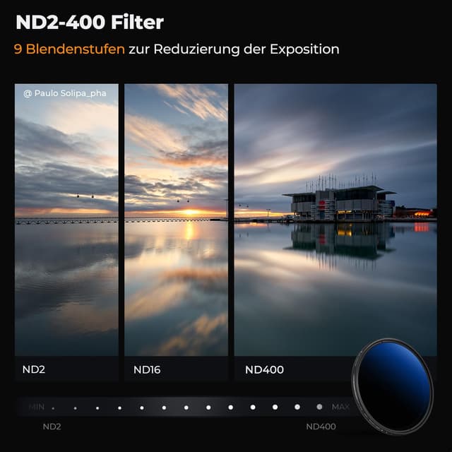 Detalle de K&F CONCEPT Filterset 52 mm Variabler ND2-400 + CPL + UV (Nano Klear) inkl. Filterkoffer