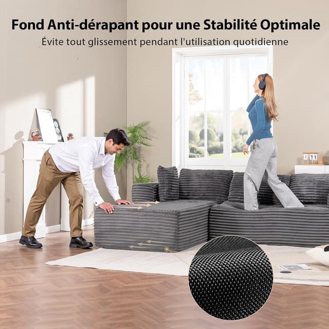 Detalle 2 de COMHOMA Canapé d’angle en forme de L modulable 3 places en velours côtelé gris