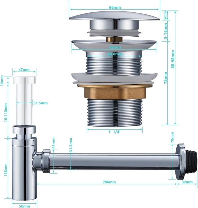 Thumbnail 6 de Ulytid sifone lavabo bagno con piletta universale antiodore e altezza regolabile (cromato) con apertura di pulizia