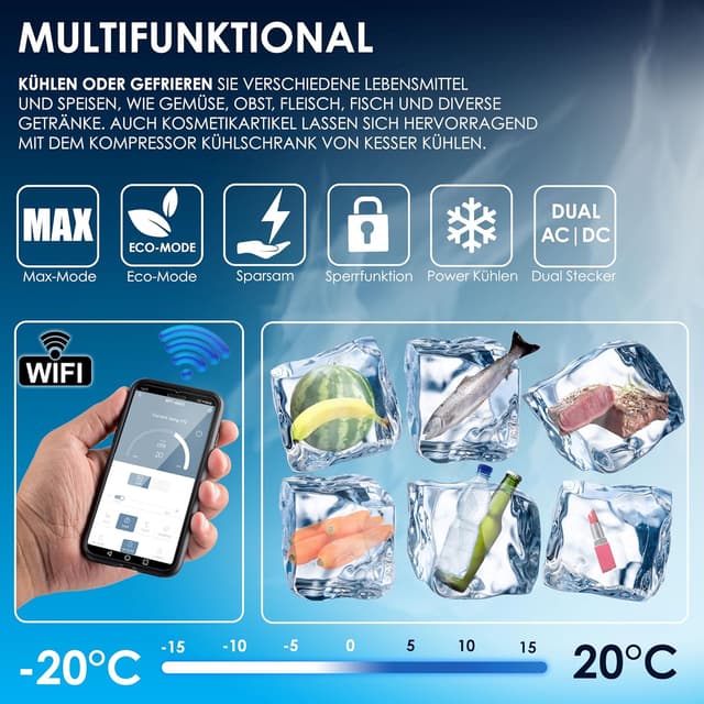 Detalle de KESSER® Kompressor Kühlbox Auto elektrisch 52L – 12/24/230V mit APP-Steuerung, bis –20 °C