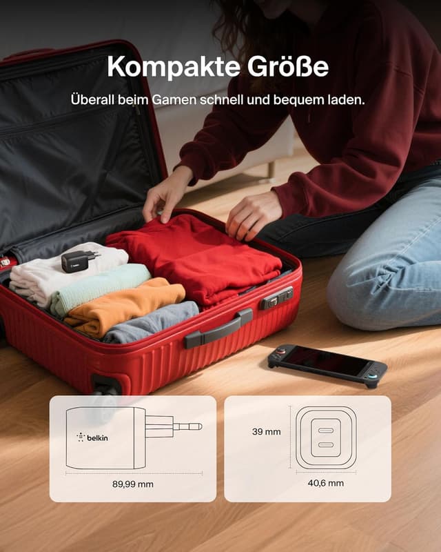 Detalle de Belkin Gaming USB-C Ladegerät mit 2 Anschlüssen (65 W, GaN) für Nintendo Switch 2, iPhone & mehr – Schwarz