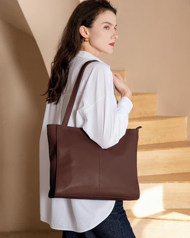 Detalle de befen Echtleder Damen Shopper-Tasche mit 14-Zoll-Laptopfach (Groß) – Henkeltasche mit Reißverschluss