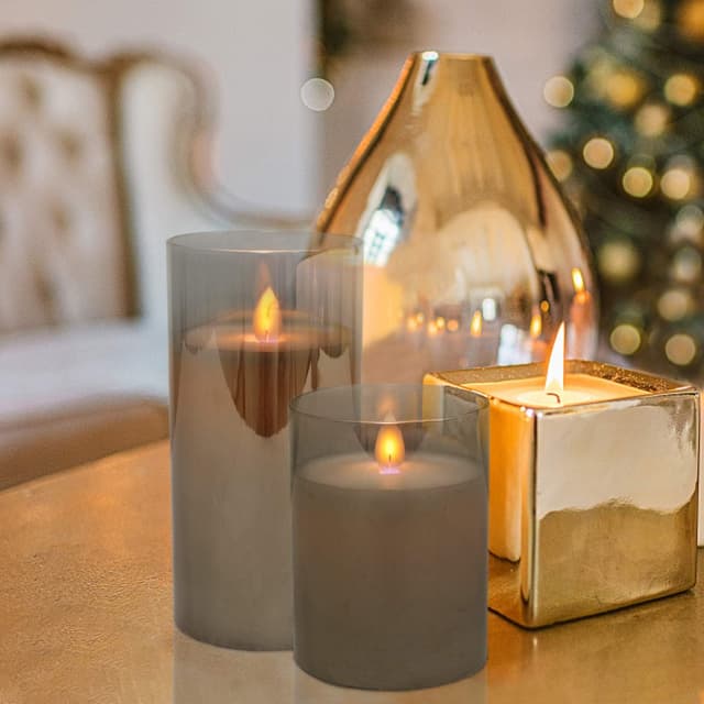 Detalle de YMing flameless LED candles set (4"/5"/6") with remote and timer – real-wax style, gold glass pillars