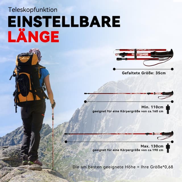 Detalle de DOBESTS Wanderstöcke für Nordic Walking aus 7075-Aluminium – faltbar & verstellbar (110–130 cm)