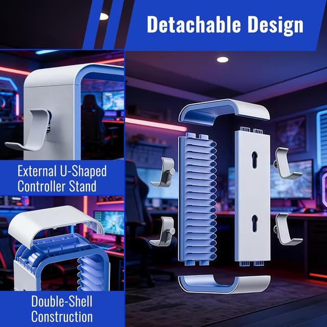 Detalle 2 de CHUNGG universal game storage tower for 19 DVD/Blu-ray cases with controller & headphone holders (white & blue)