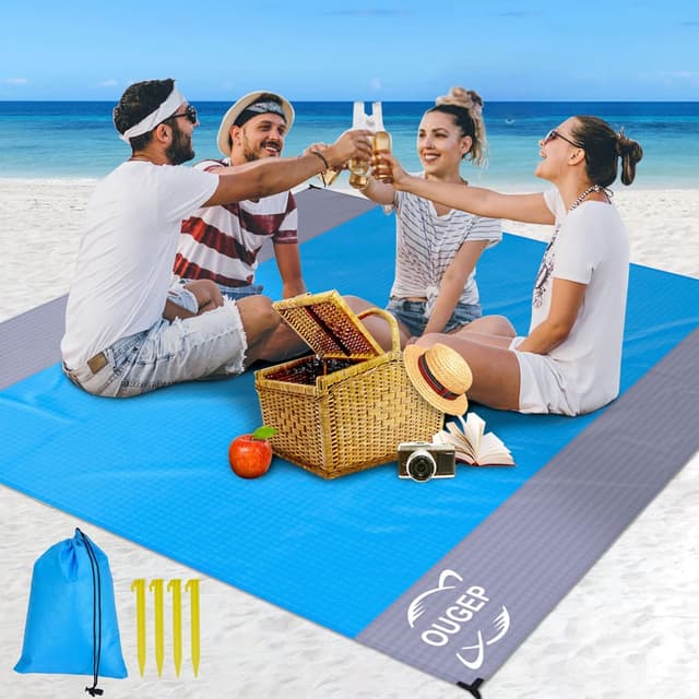 Detalle de OUGEP Tapis de plage imperméable anti-sable 200 x 230 cm (bleu/gris)