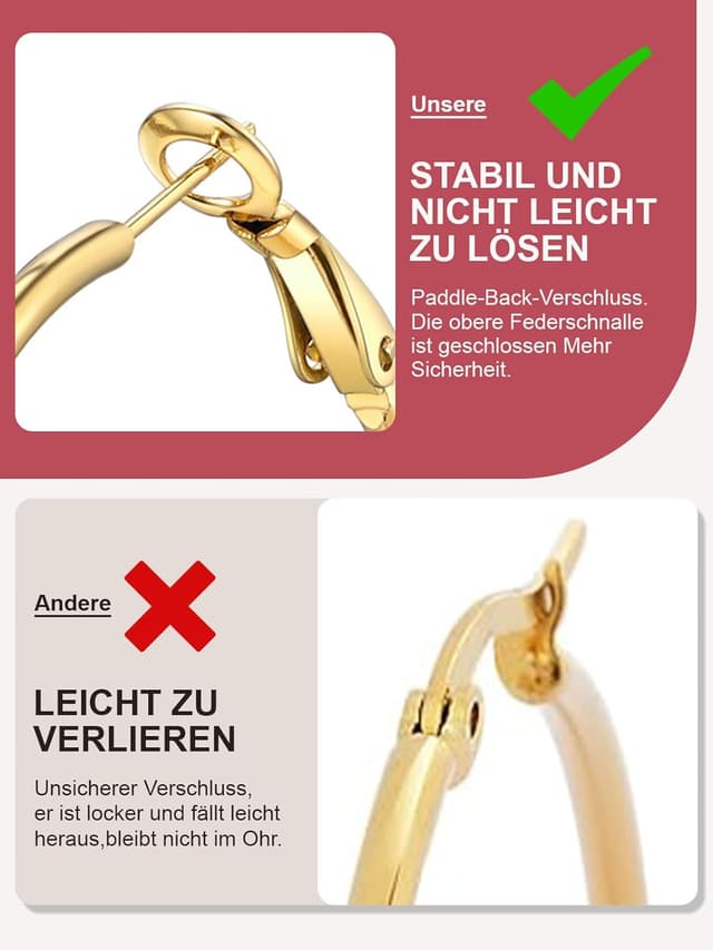 Detalle de FOCALOOK Creolen aus Edelstahl für Damen (30/50/70/100 mm) in Rund-Optik – silber, gold oder schwarz