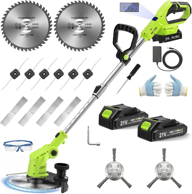 Detalle de VOERJIA Rasentrimmer Akku 21V mit 2 Akkus, Ladegerät und 4-in-1 Mähsystem (LCD)