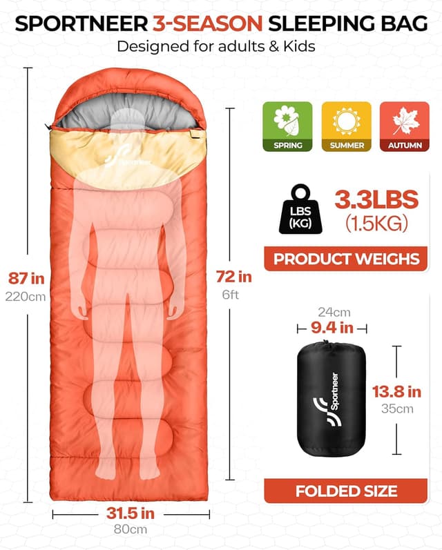 Detalle 2 de Sportneer Camping Sleeping Bag for Adults & Kids (3–4 Season) – Warm, Lightweight & Compact