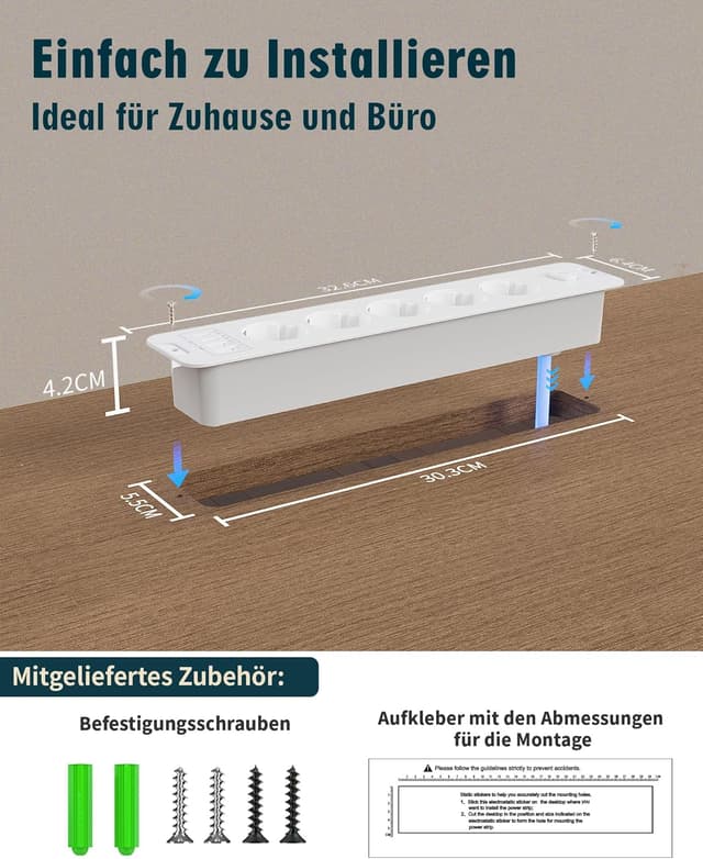 Detalle de Inhwatek Steckdosenleiste mit USB (PD 20W) – 5-fach Einbausteckdose 9-in-1 mit 2 m Kabel, 16A/4000W