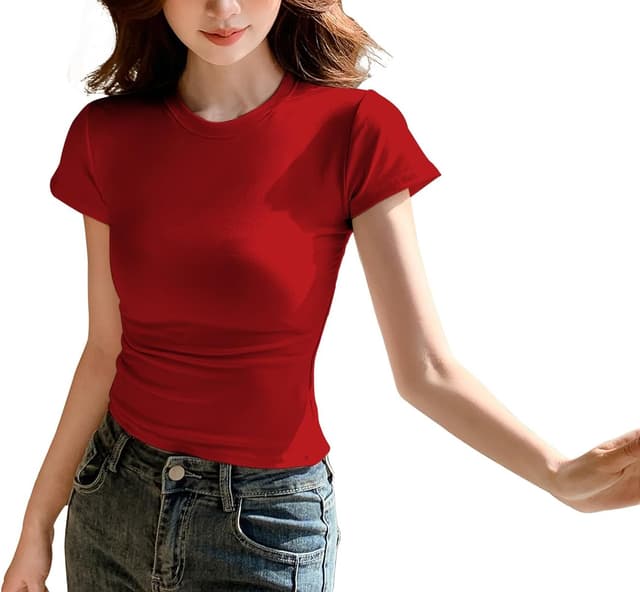 Detalle de JEROZIYANT women’s basic short-sleeve slim-fit cropped T-shirt (round neck, solid colour)