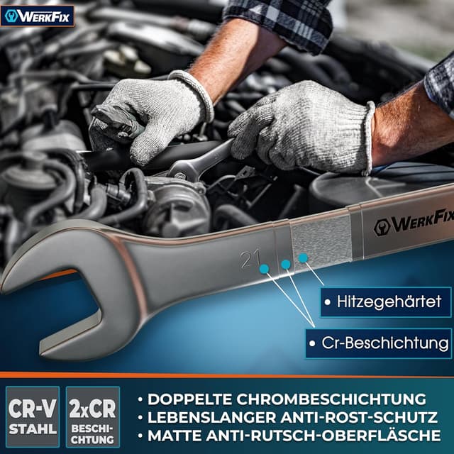 Detalle de WERKFIX Ring-Maulschlüssel Satz (15-tlg.) 6–21 mm aus CrV-Stahl