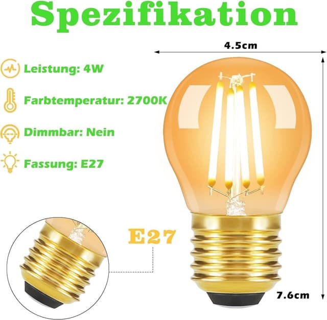 Detalle de GBLY LED E27 G45 Edison Glühbirnen (6er-Set) – warmweiß 2700 K, 4 W