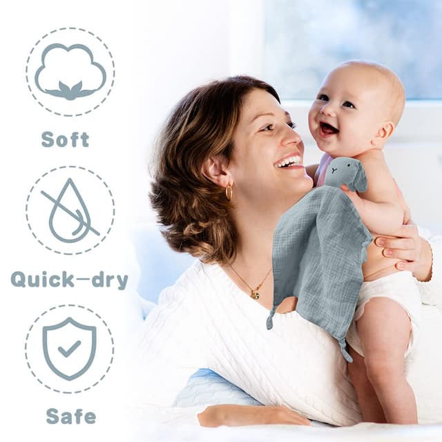 Thumbnail 4 de Vicloon Schmusetuch mit Hase-Köpfchen – Kuscheltuch aus 100% Bio-Baumwolltüll (31 x 31 cm), Grau