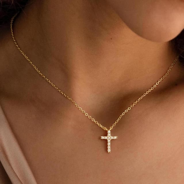 Detalle de Turandoss Kreuzkette Damen, vergoldet (14K Gold/Weißgold), mit Karabinerverschluss – Ostern & religiöse Anlässe