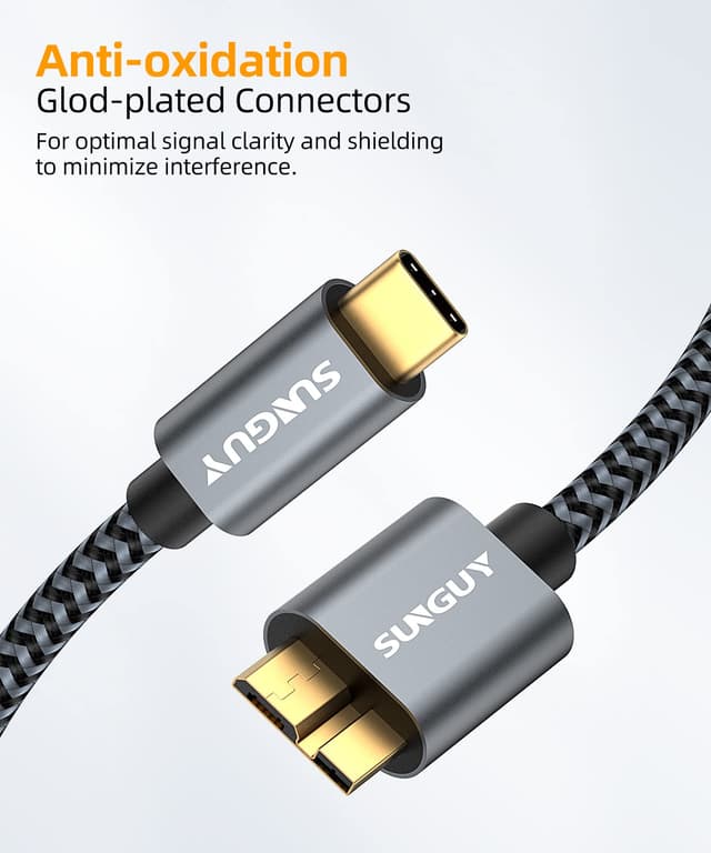 Detalle de SUNGUY USB‑C auf Micro‑B Kabel (USB 3.1) mit 10 Gbps, 0,5 m – für externe HDD/SSD und Geräte wie Toshiba/Seagate/WD