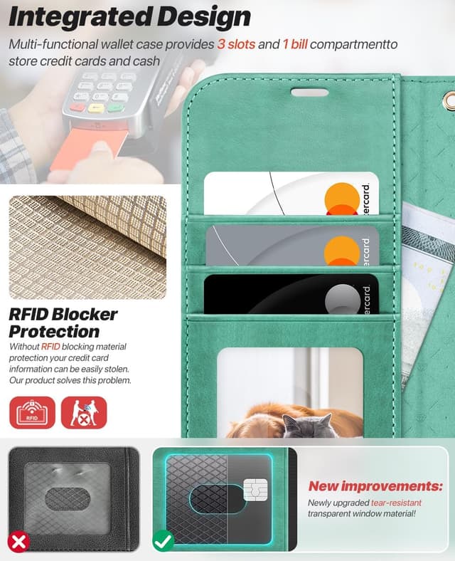 Detalle de OCASE Handyhülle für iPhone 17 Pro (6,3 Zoll) – abnehmbares 2-in-1 Magnet-Cover mit Klapphülle, Kartenfach und RFID, Grün