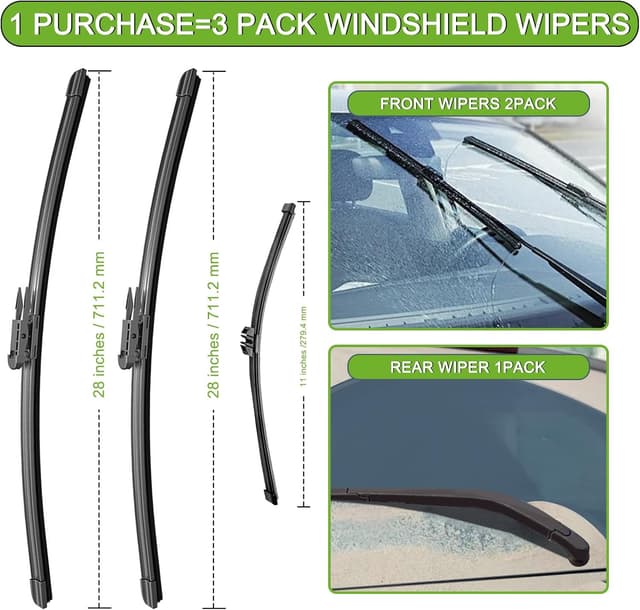 Detalle de PARRATI Windshield Wipers for 2013-2019 Ford Escape (28" front + 11" rear, set of 3) — quiet, streak-free replacement blades