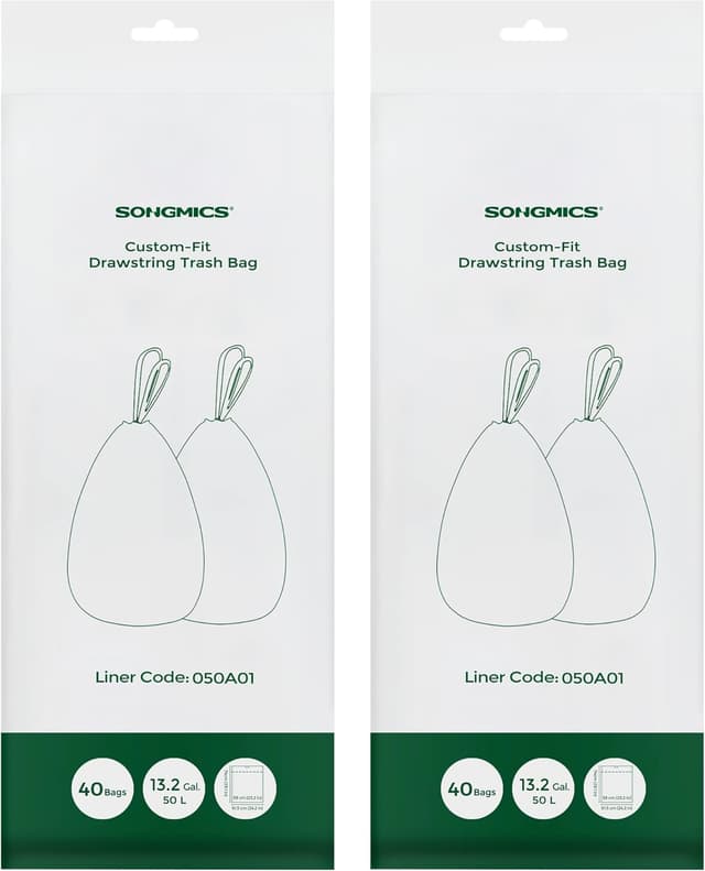 Detalle de SONGMICS KRB050A02 heavy-duty drawstring bin bags for 13-gallon (50 L) bins – pre-separated liners, 2 rolls (80 bags)