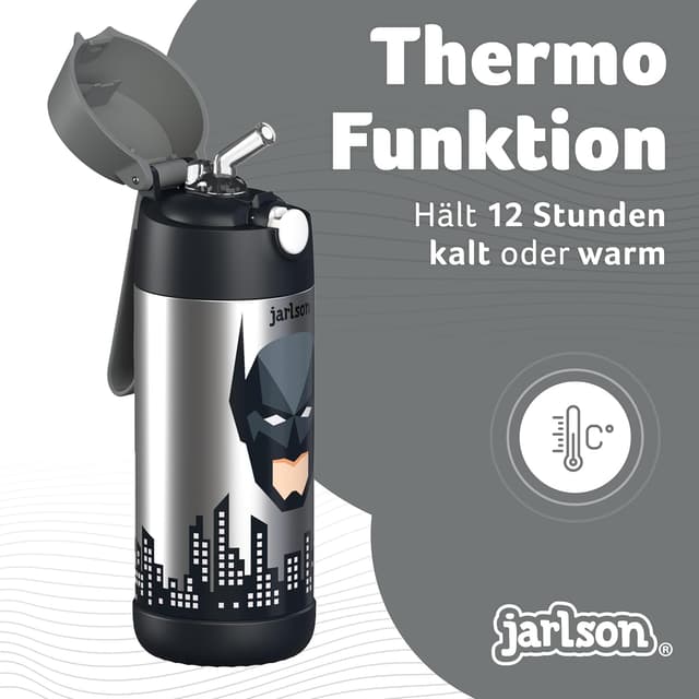 Detalle de JARLSON® Kinder-Trinkflasche Charli aus Edelstahl (350 ml) mit Strohhalm – auslaufsicher & Thermosflasche