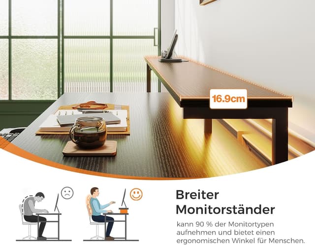 Thumbnail 6 de Coleshome Gaming Tisch mit LED, 140×48 cm, Monitorständer und Stoff-Schubladen in Schwarz