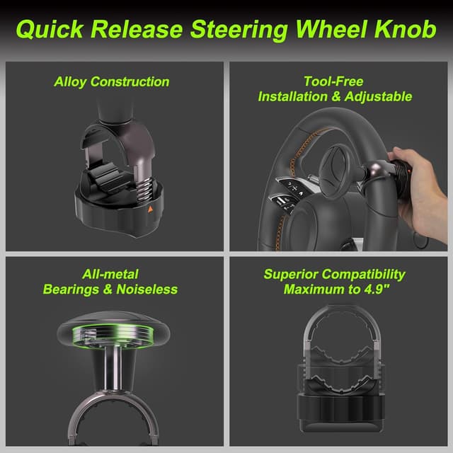 Detalle de Tool-Free Steering Wheel Knob (Suicide Knob) for 3.45–4.9" Steering Wheel with Metal Bearing, Black