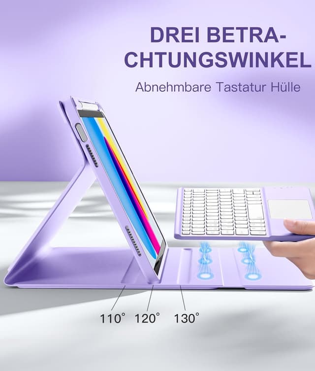 Detalle de Vobafe Touchpad-Hülle mit abnehmbarer Tastatur für iPad A16 (11 / 10,9 Zoll, 2022/2025) – Lavendel