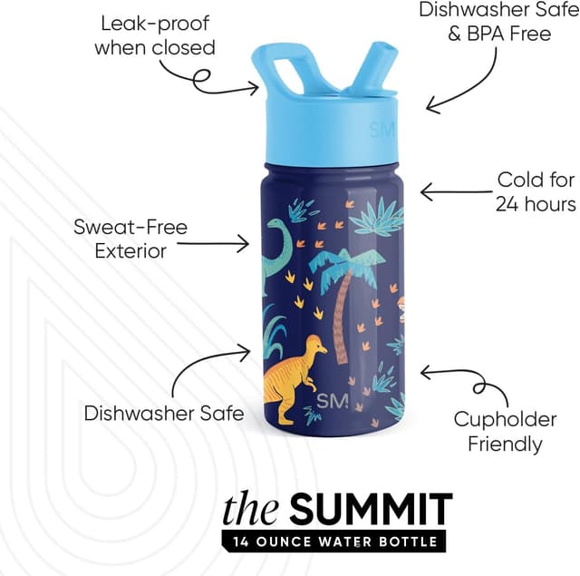 Detalle de Simple Modern Summit borraccia per bambini in acciaio inox isolata con cannuccia Jurassic Jungle, 415 ml
