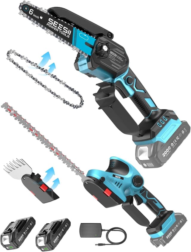 Detalle de SEESII kit 3-en-1 sans fil mini tronçonneuse 6 pouces, taille-haie et cisaille à gazon (600W)