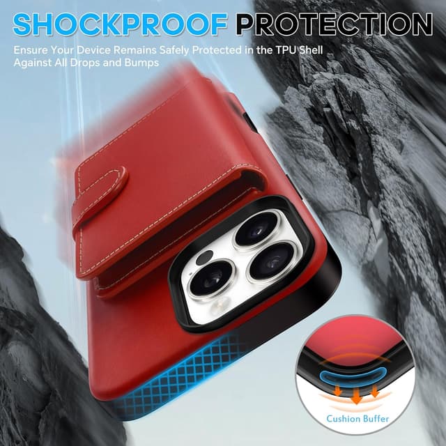 Thumbnail 5 de SHIELDON Echtleder Wallet Hülle für iPhone 16 Pro Max – RFID-Blocker, 6 Kartenfächer, ID-Fenster (Nicht abnehmbar) – Retro Rot