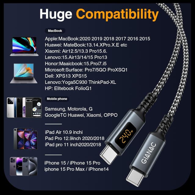 Detalle 2 de GIANAC 240W USB-C Schnellladekabel, 3 m