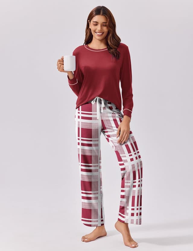 Detalle de Ekouaer Women’s Pyjamas Set – long sleeve top and plaid bottoms with pockets