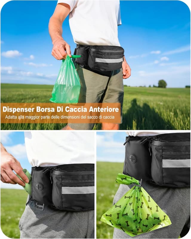 Detalle de Razobws Borsa Porta Snack per Cani con dispenser integrato e bande riflettenti, marsupio impermeabile nero