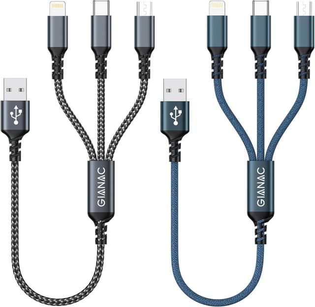 Detalle de GIANAC Multi USB Kabel (2er Set, 0,5 m) 3-in-1 mit Micro-USB, USB-C und Lightning – nur Laden, bis 3 A