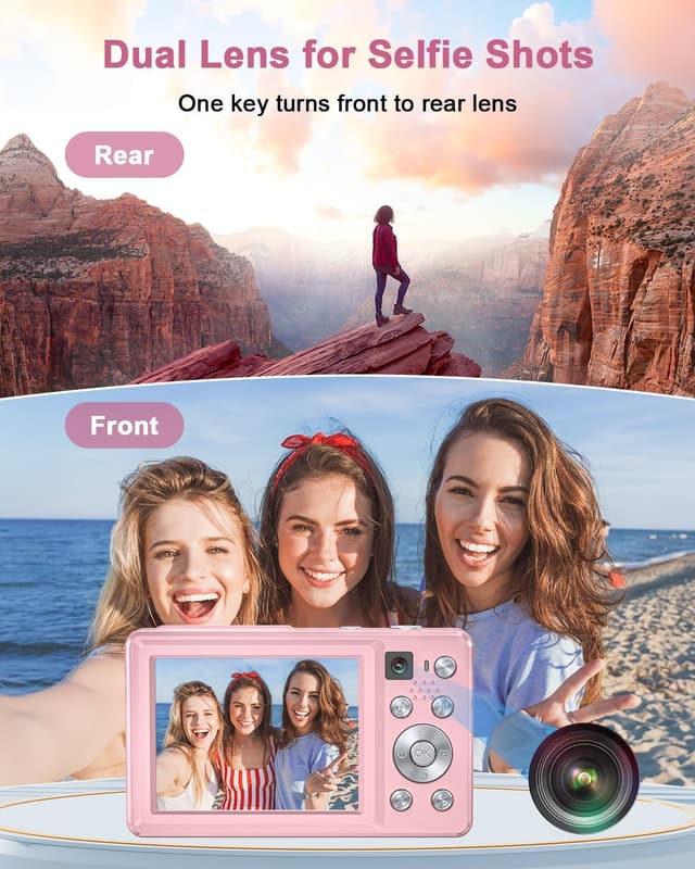Detalle de Camkory 4K 64MP Digitalkamera mit Dual-Kamera, Autofokus, Blitz & 16x Zoom (rosa)