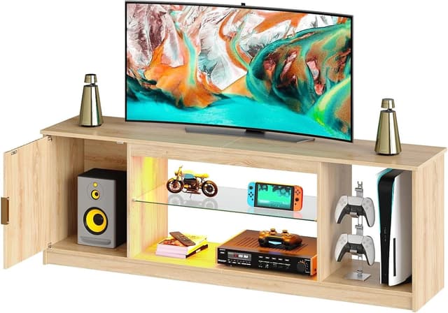 Thumbnail 6 de Bestier Mobile TV per TV fino a 65 pollici con centro gaming, ripiani in vetro regolabili e luci LED (Rovere Naturale)