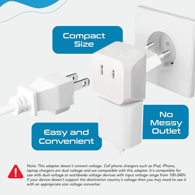 Detalle de Ceptics CT-9C European Travel Plug Adapter (USA to Type C Countries), Ultra-Compact Dual-Input Charger Adapter, White