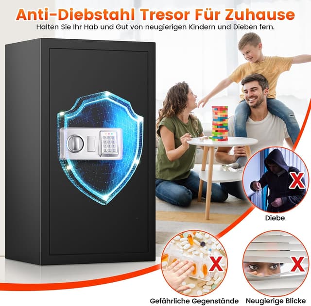 Thumbnail 6 de Mejasg Extra Großer Safe 102L: feuerfester Möbeltresor mit Alarmanlage, Dokumententasche und 3 herausnehmbaren Regalfächern