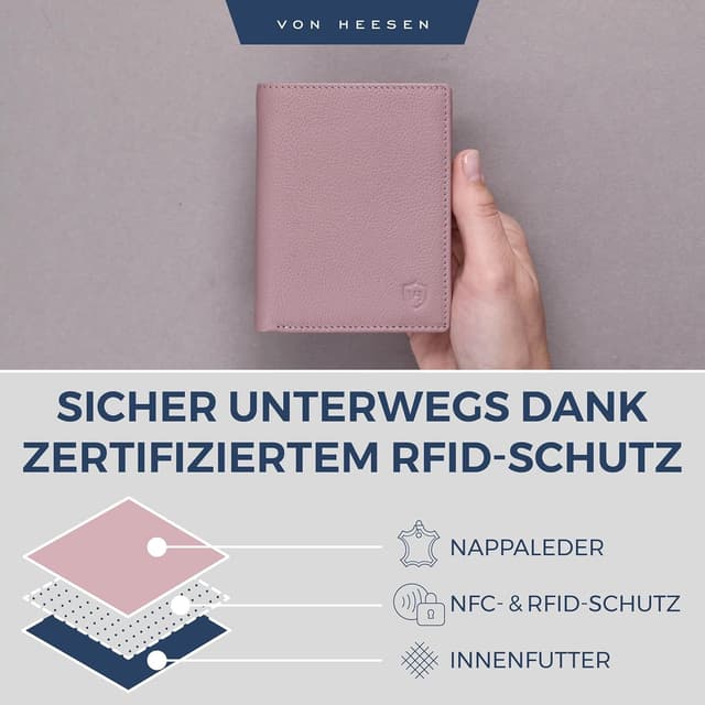 Detalle de VON HEESEN Leder-Geldbörse mit RFID-Schutz – Echtleder Portemonnaie in Lavendel